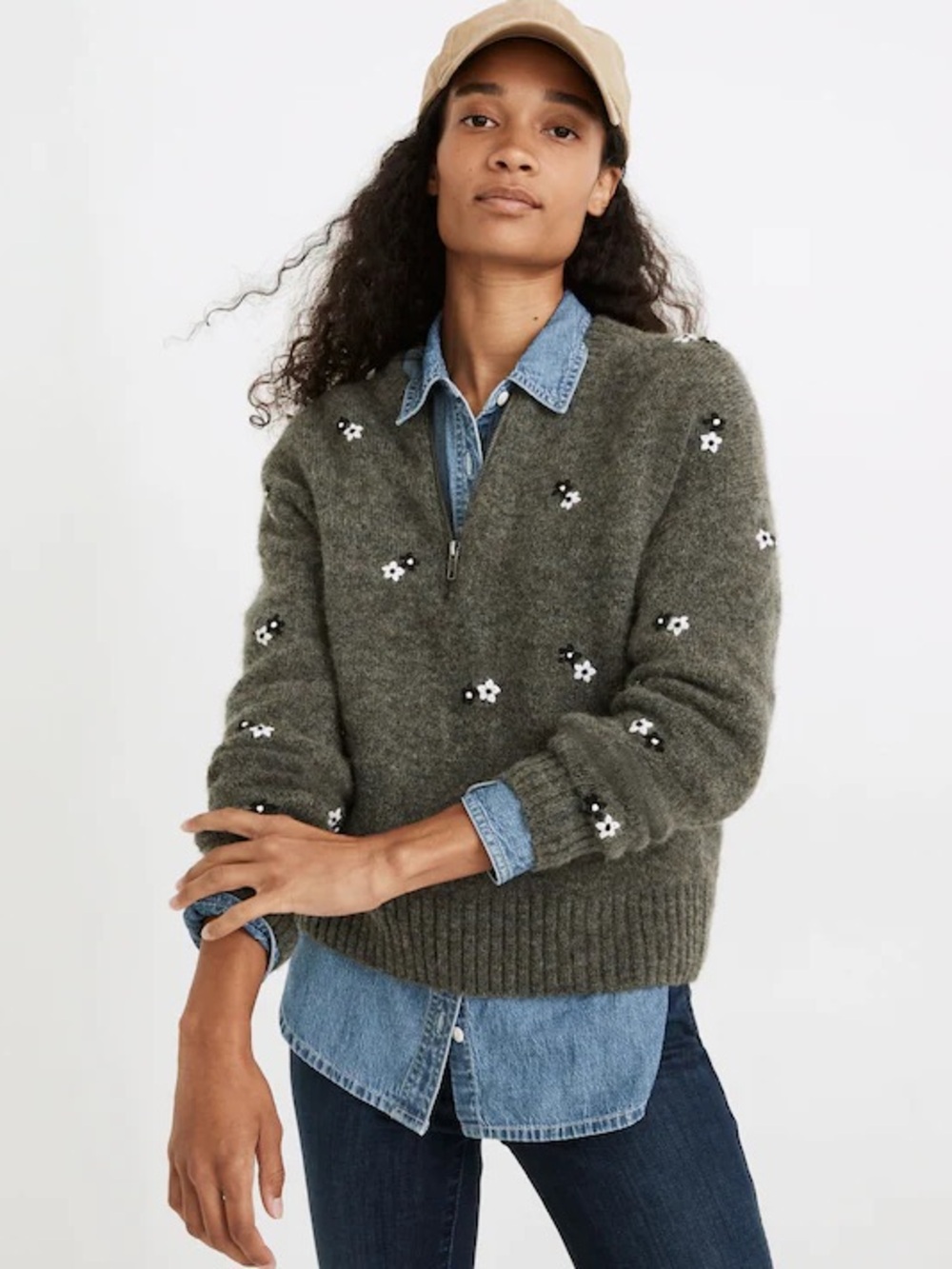 Madewell Floral Embroidered Enfield Half-Zip Wool Alpaca Sweater